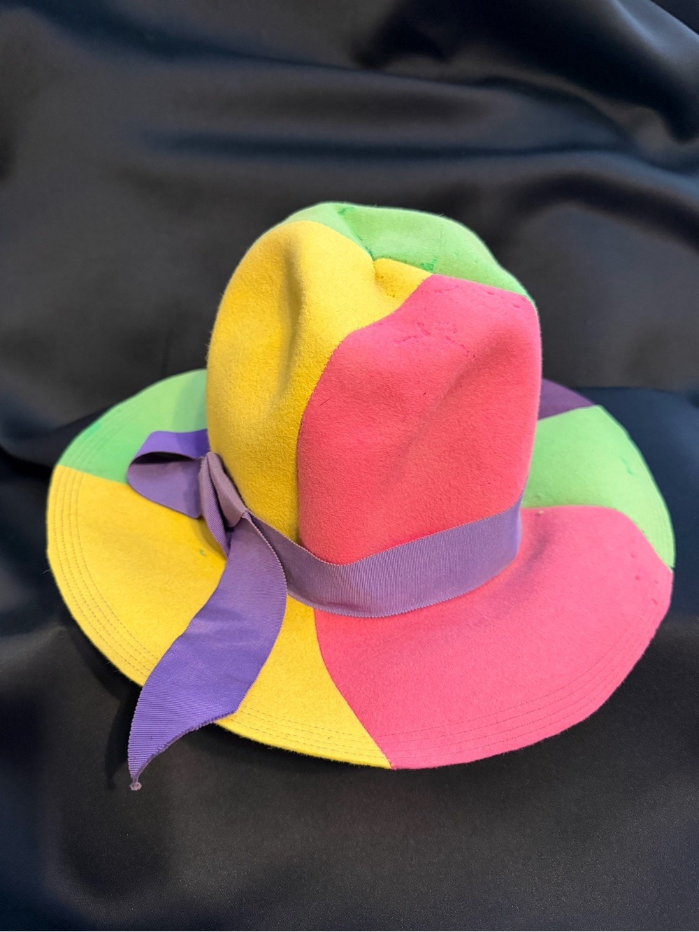 Saks Fifth Avenue Multicolor Colorblock Wide-Brim Fedora with Purple Band